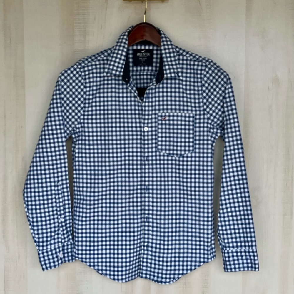 Hollister Epic Stretch Slim Fit Blue and white plaid button shirt Small Men’s